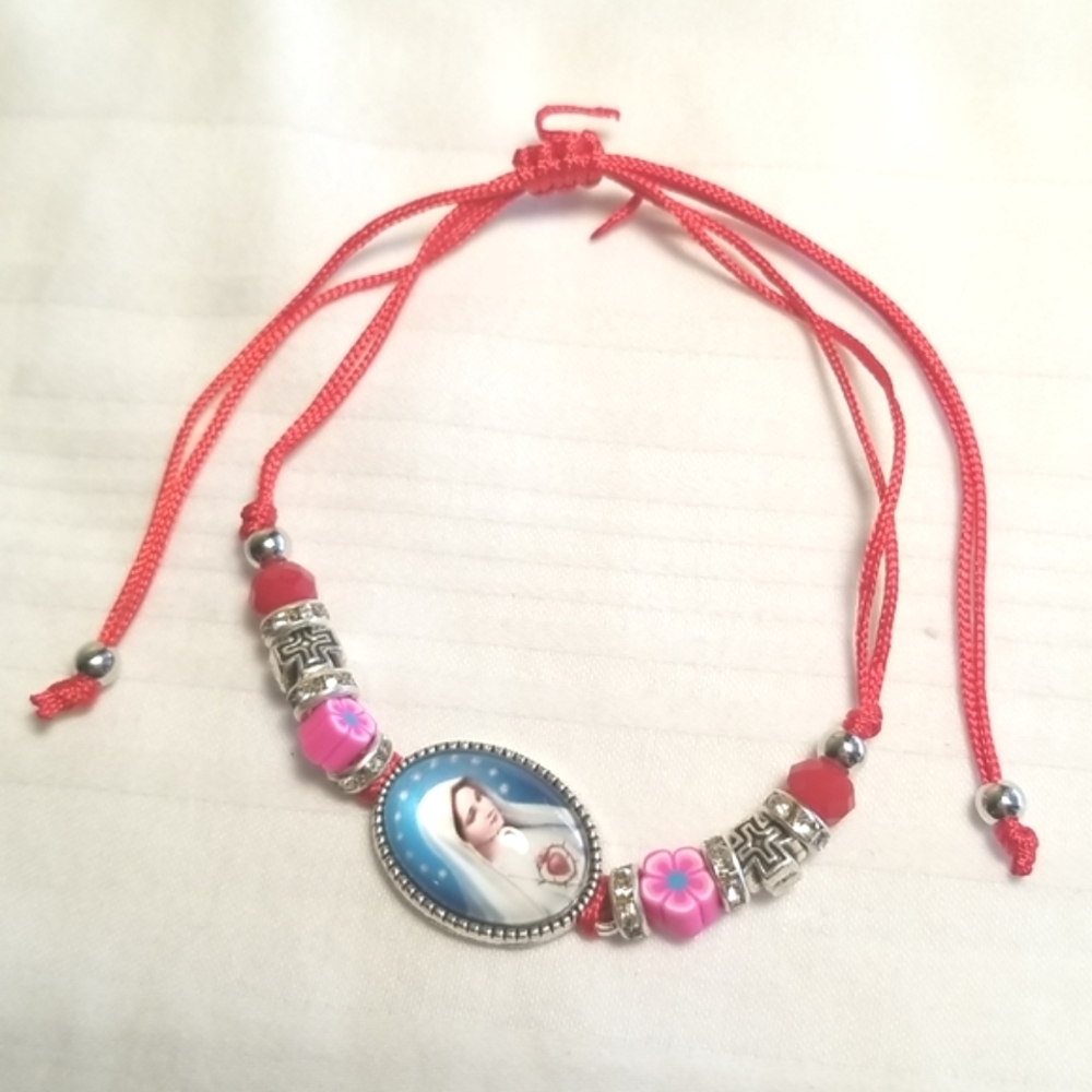 Silver Red Rhinestone Religious Bracelet